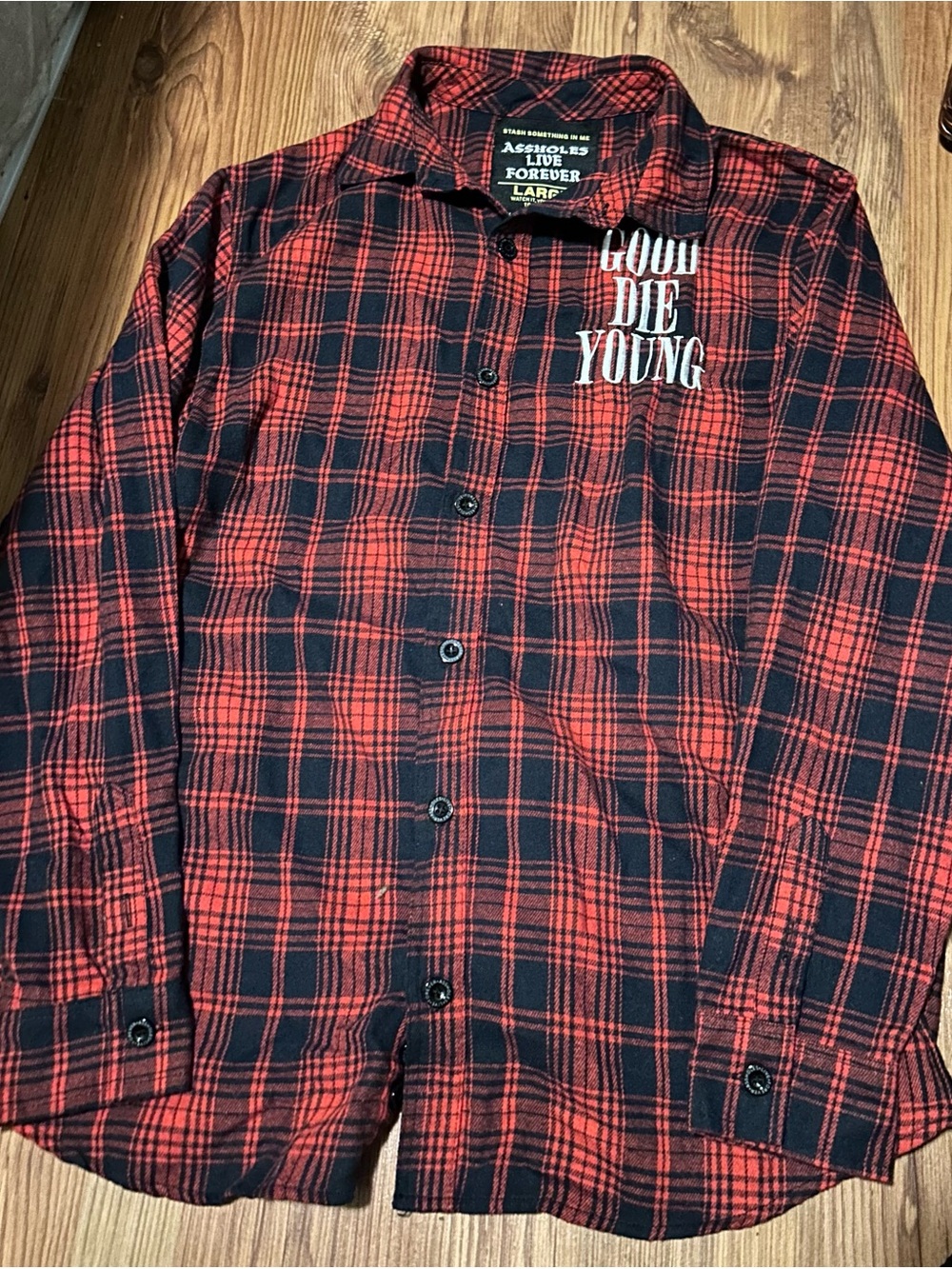 Red & Black Plaid Button-Down Shirt with Chest Graphic